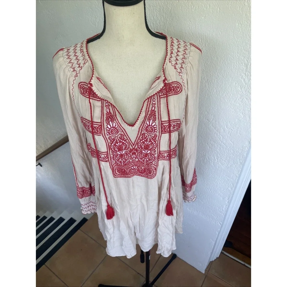 FREE PEOPLE Small WIND WILLOW EMBROIDERY LONG SLEEVE TUNIC DRESS Cream And Red